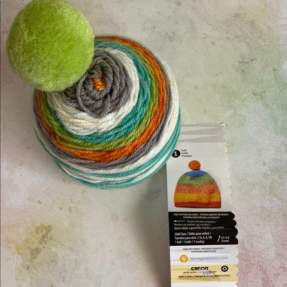 Caron Yarnspirations Cupcakes hat Kit TANGERINE DREAM Pompom kids crochet beanie